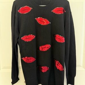 Aqua Black Cashmere Sweater with Red Sequin Lips